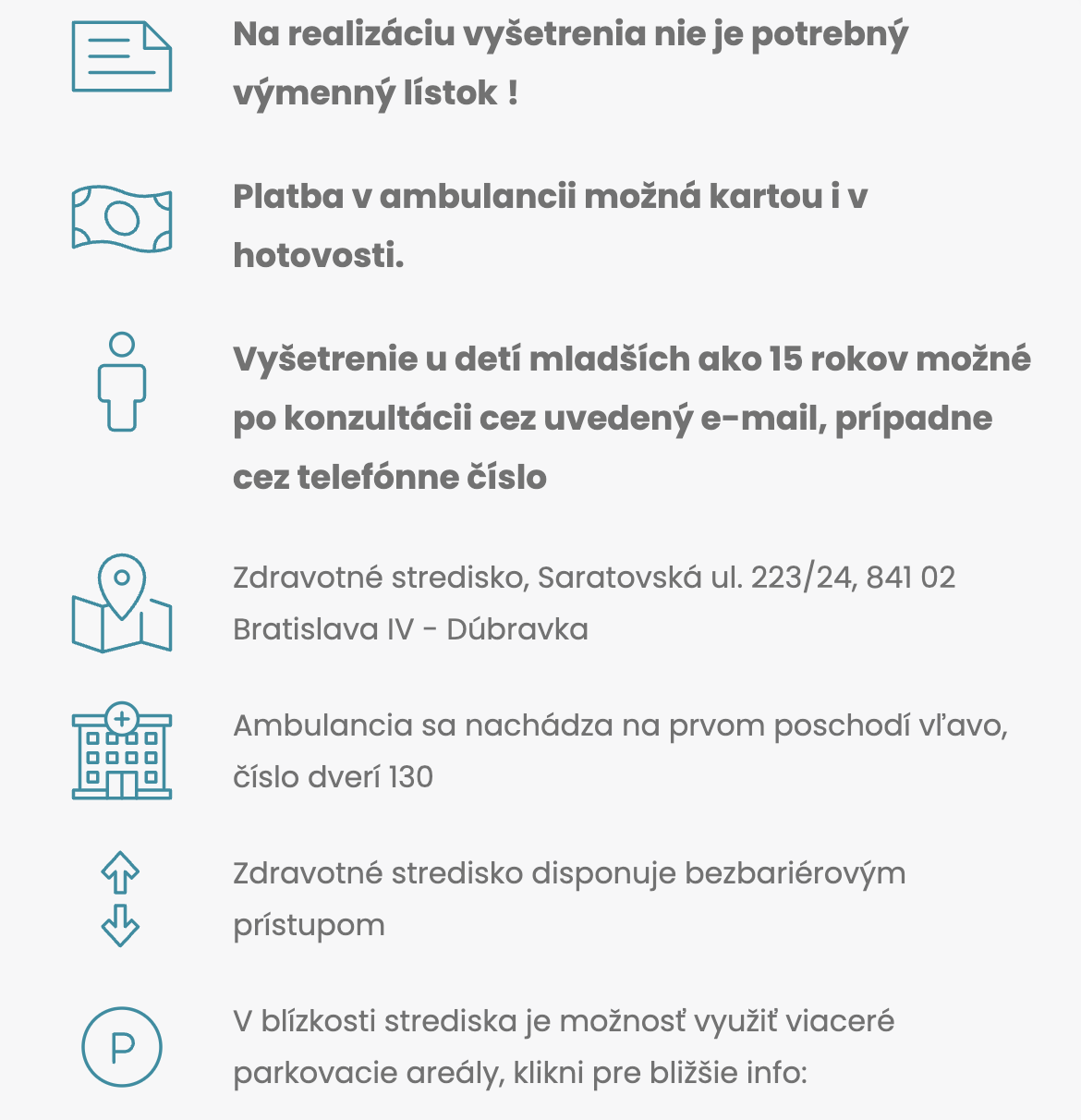 Infografika s ikonami a textom o vyšetrení detí, platbe kartou a adrese ambulancie v Bratislave.